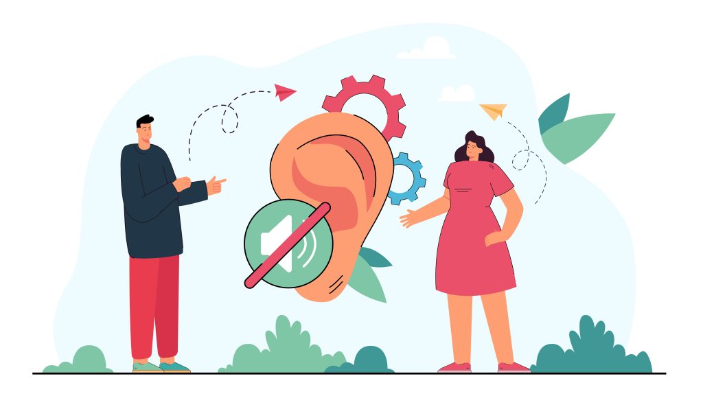 Deaf man and woman use sign language, promoting accessibility, inclusion, and communication in a clear vector illustration.