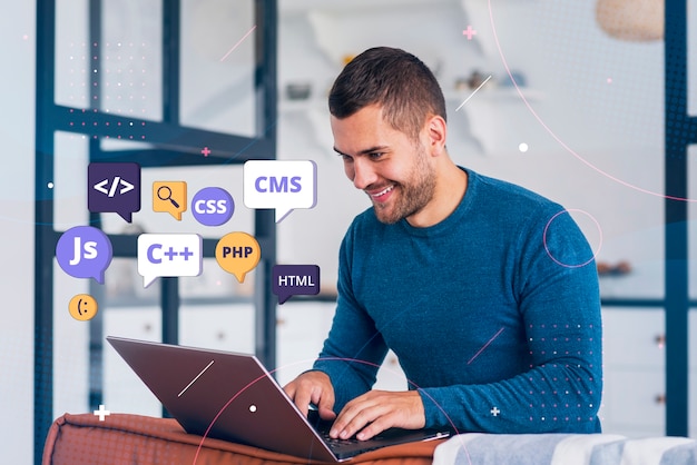 Smiling man working on a laptop with floating icons of programming languages like JavaScript, CSS, HTML, PHP, and C++.