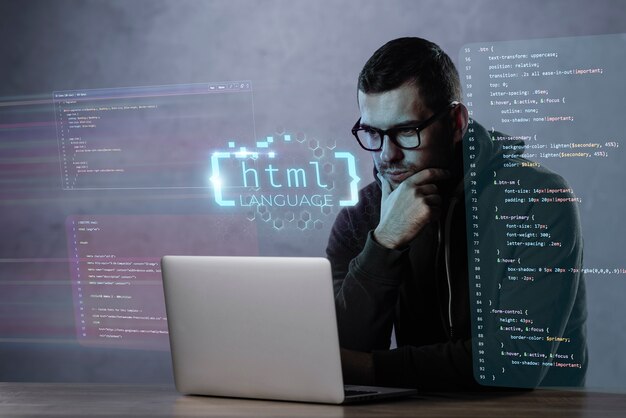 Serious man in glasses looking at a laptop with HTML and CSS code overlays and a digital 'HTML language' graphic.