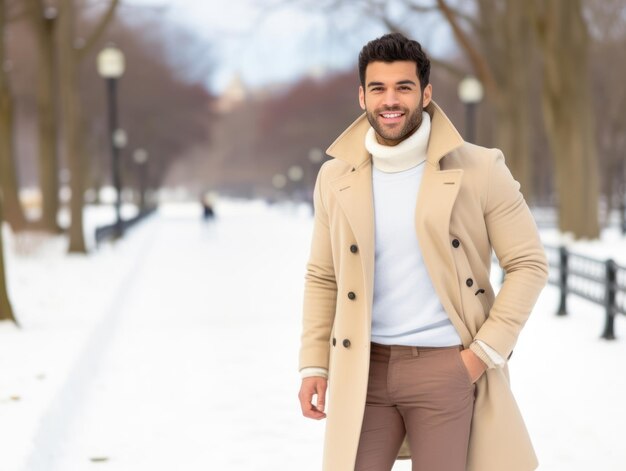 Man enjoying a peaceful winter walk outdoors on a cold, bright day.