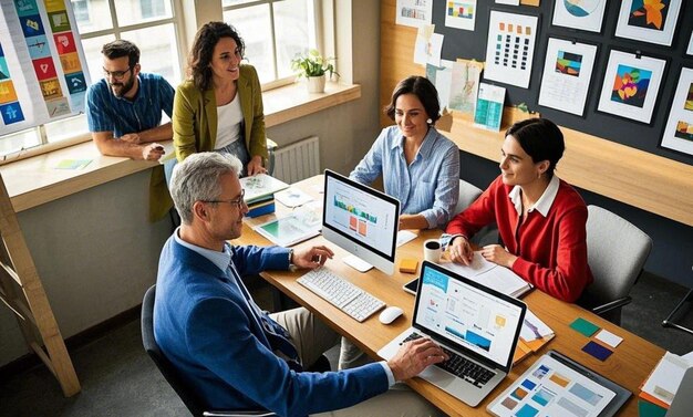 Office team collaborating on website optimization, analyzing data, and designing elements across multiple screens.