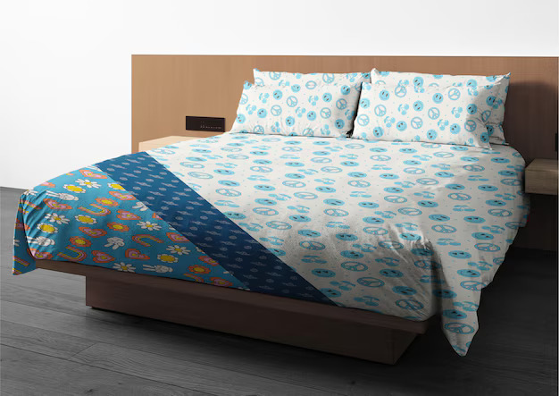 Modern bed with blue and white patterned bedding, geometric design, and wooden frame in a sleek room.

